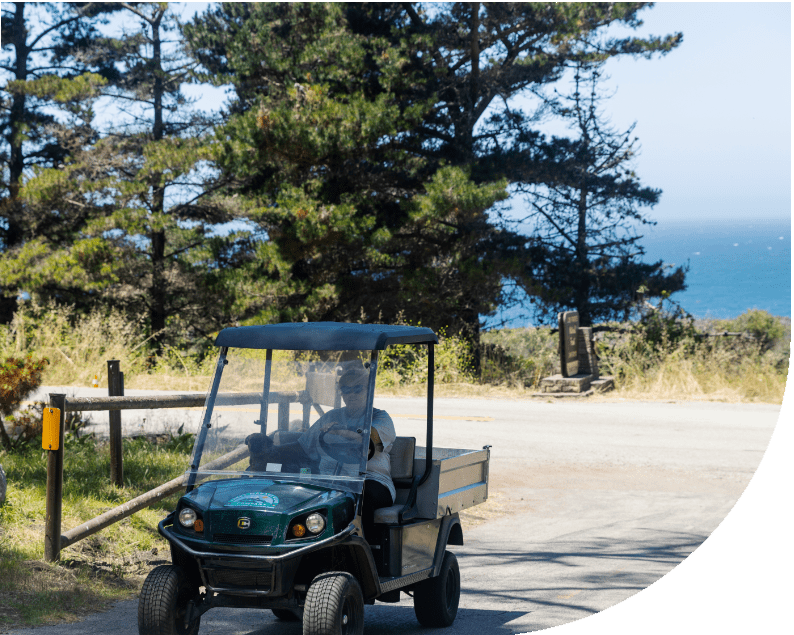 A park management employee drives a small electric vehicle along one a paved campground road